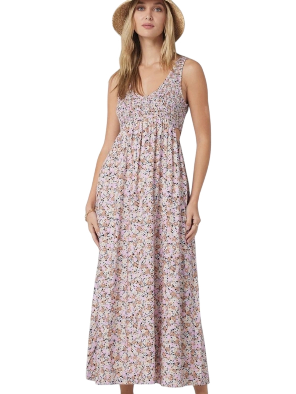 NEW! Saltwater LUXE Maxi Dress Lilian Pink Tan Floral Sleeveless V-Neck Size S